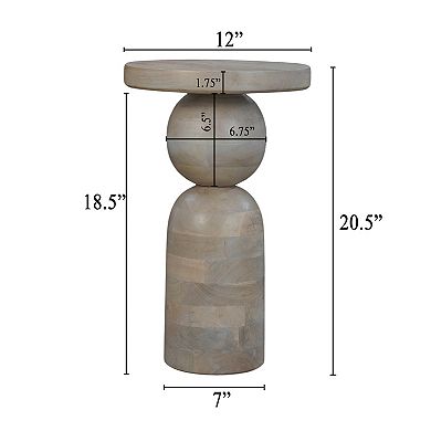 Tia Round Side End Table with Turned Pedestal Base, Mango Wood