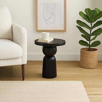 Tia Round Side End Table with Turned Pedestal Base, Mango Wood