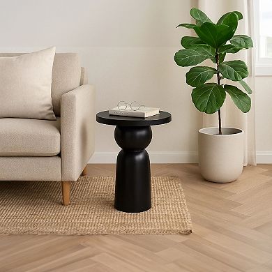 Tia Round Side End Table with Turned Pedestal Base, Mango Wood