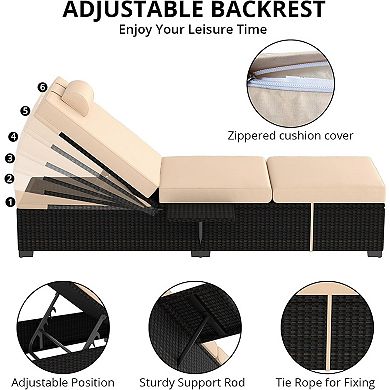 Outdoor Rattan Lounge Chairs Set of 2 with Adjustable Backrest and Comfortable Cushions