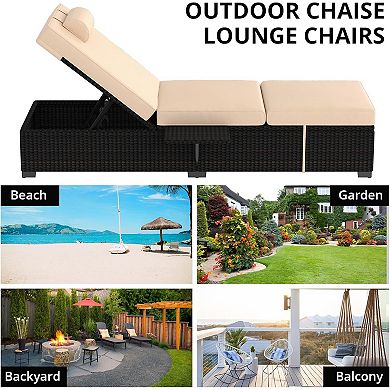 Outdoor Rattan Lounge Chairs Set of 2 with Adjustable Backrest and Comfortable Cushions