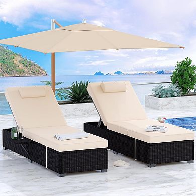 Outdoor Rattan Lounge Chairs Set of 2 with Adjustable Backrest and Comfortable Cushions