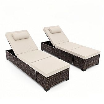 Outdoor Rattan Lounge Chairs Set of 2 with Adjustable Backrest and Comfortable Cushions