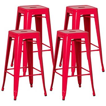 4 pc 30" Backless Metal Bar Stools, Stackable, Counter-Height, Indoor/Outdoor, Red