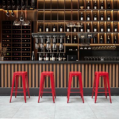 4-pcs 30" Backless Metal Bar Stools, Stackable, Counter-Height, Indoor/Outdoor, Red