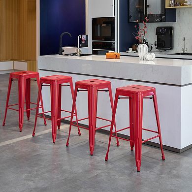 4-pcs 30" Backless Metal Bar Stools, Stackable, Counter-Height, Indoor/Outdoor, Red