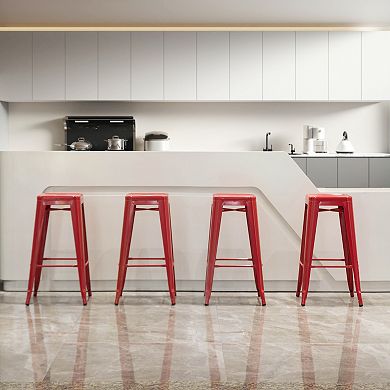 4-pcs 30" Backless Metal Bar Stools, Stackable, Counter-Height, Indoor/Outdoor, Red