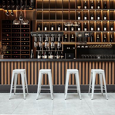 4-pcs 30" Backless Metal Bar Stools, Stackable, Counter-Height, Indoor/Outdoor, White