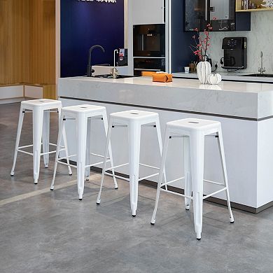 4-pcs 30" Backless Metal Bar Stools, Stackable, Counter-Height, Indoor/Outdoor, White