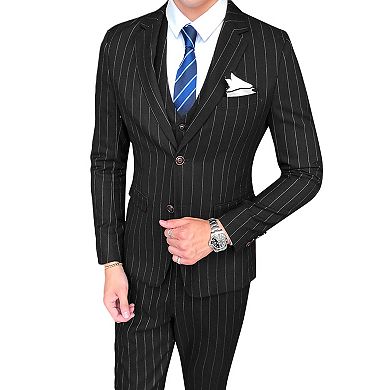 Men’s 3 pc Stripe Tux Set 2-Button Center Vent Blazer, Vest & Pants