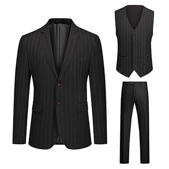 Men’s 3 pc Stripe Tux Set 2-Button Center Vent Blazer, Vest & Pants