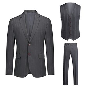 Men’s 3 pc Stripe Tux Set 2-Button Center Vent Blazer, Vest & Pants