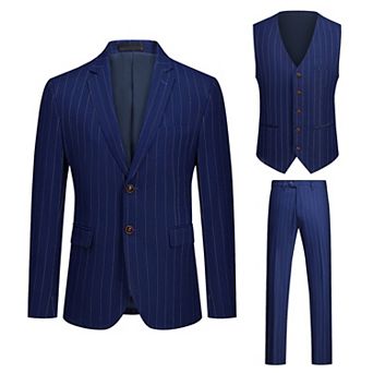 Men’s 3 pc Stripe Tux Set 2-Button Center Vent Blazer, Vest & Pants