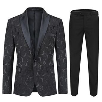Mens 2 pc Dinner Formal Suit Set 1-Button Slim Fit Jacquard Jacket & Pants