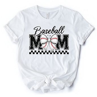 Baseball Mom Coquette Bow Retro T-Shirt, Stylish Game Day White Tee for Trendy and Proud Sports Moth