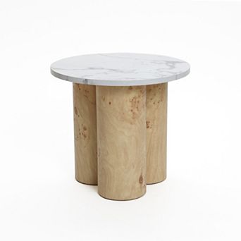 LuxenHome Burl Finish Manufactured Wood 17.7-Inch Tall Round End Table with Faux Marble Top