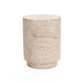 LuxenHome Travertine-Style Round Textured MgO Side Table