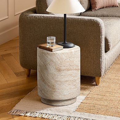 LuxenHome Travertine-Style Round Textured MgO Side Table