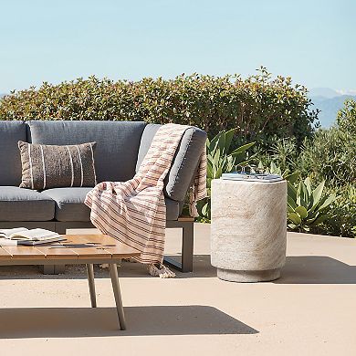 LuxenHome Travertine-Style Round Textured MgO Side Table