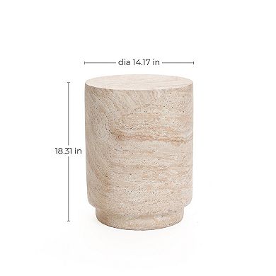 LuxenHome Travertine-Style Round Textured MgO Side Table