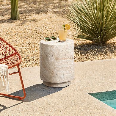 LuxenHome Travertine-Style Round Textured MgO Side Table