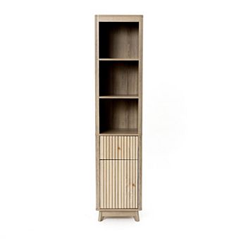 LuxenHome Natural Finish Wave-Patterned Manufactured Wood 1-Drawer 1-Door Bathroom Tower Cabinet