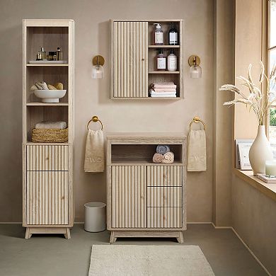 LuxenHome Natural Finish Wave-Patterned Manufactured Wood 1-Drawer 1-Door Bathroom Tower Cabinet