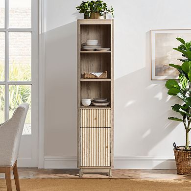 LuxenHome Natural Finish Wave-Patterned Manufactured Wood 1-Drawer 1-Door Bathroom Tower Cabinet