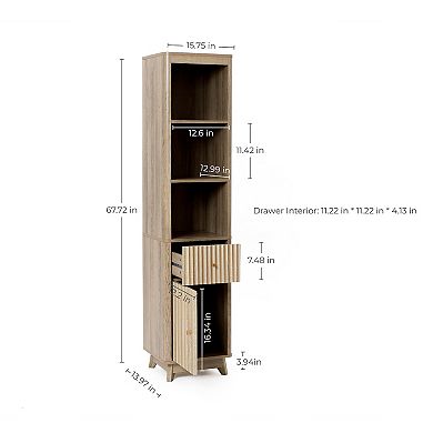 LuxenHome Natural Finish Wave-Patterned Manufactured Wood 1-Drawer 1-Door Bathroom Tower Cabinet