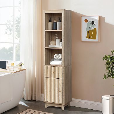 LuxenHome Natural Finish Wave-Patterned Manufactured Wood 1-Drawer 1-Door Bathroom Tower Cabinet