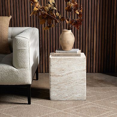 LuxenHome Travertine-Style Square MgO Side Table