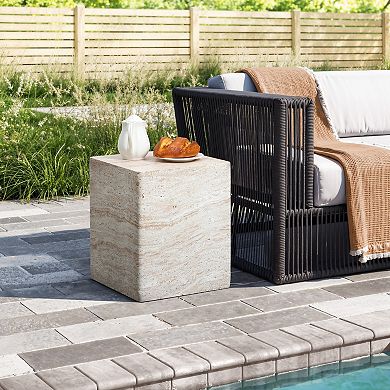 LuxenHome Travertine-Style Square MgO Side Table