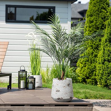 LuxenHome Rustic Off White with Brown Accents Round MgO Planter