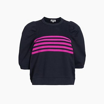 Women’s Puff Sleeve Crew Neck in Navy with Magenta Stripes