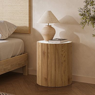 LuxenHome Wood Grain Manufactured Wood 18.9-Inch Tall Round End and Side Table with Faux Marble Top