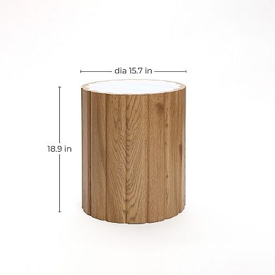 LuxenHome Wood Grain Manufactured Wood 18.9-Inch Tall Round End and Side Table with Faux Marble Top