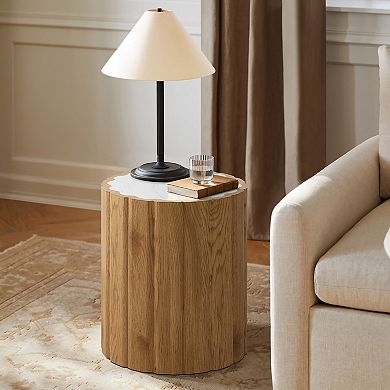 LuxenHome Wood Grain Manufactured Wood 18.9-Inch Tall Round End and Side Table with Faux Marble Top