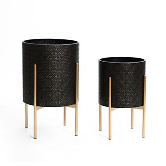 LuxenHome Set of 2 Black Floral Stamped Metal Cachepot Planters