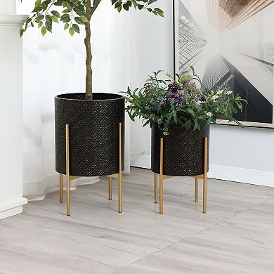 LuxenHome Set of 2 Black Floral Stamped Metal Cachepot Planters