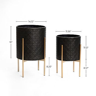 LuxenHome Set of 2 Black Floral Stamped Metal Cachepot Planters
