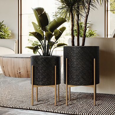 LuxenHome Set of 2 Black Floral Stamped Metal Cachepot Planters