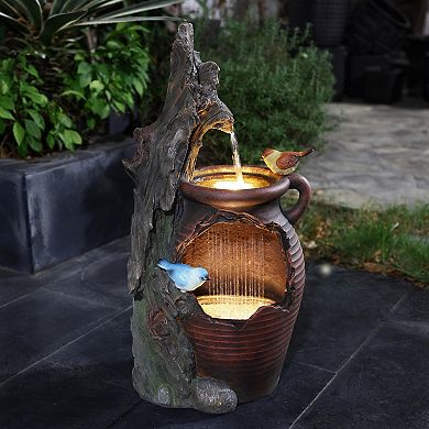 LuxenHome Rain Barrel with Tree and Birds 2.5-Feet Tall Outdoor Polyresin Fountains with Light