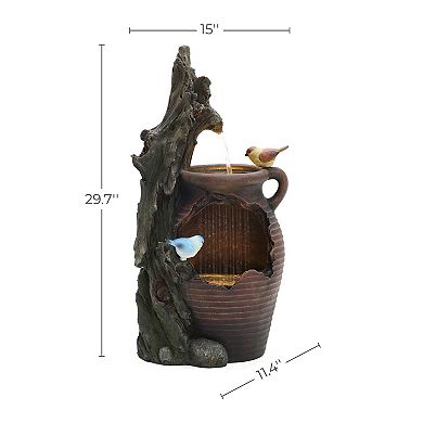 LuxenHome Rain Barrel with Tree and Birds 2.5-Feet Tall Outdoor Polyresin Fountains with Light