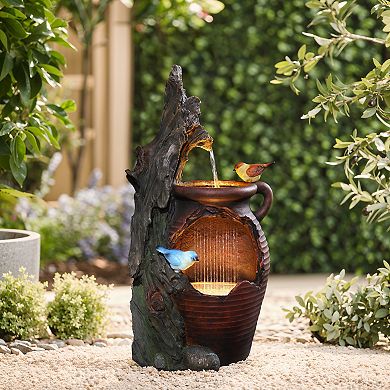 LuxenHome Rain Barrel with Tree and Birds 2.5-Feet Tall Outdoor Polyresin Fountains with Light