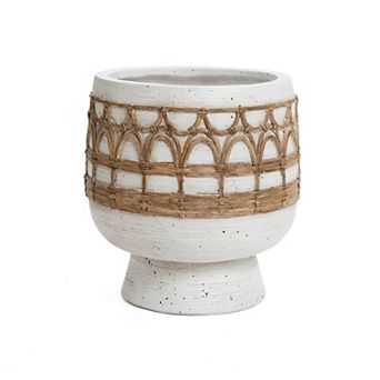 LuxenHome Boho White with Brown Accents 11-Inch Round MgO Planter