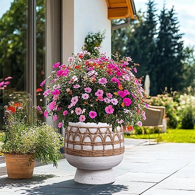 LuxenHome Boho White with Brown Accents 11-Inch Round MgO Planter