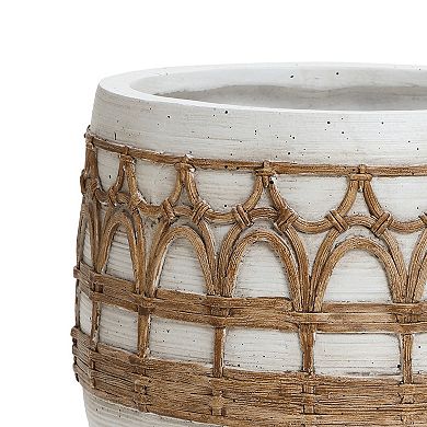 LuxenHome Boho White with Brown Accents 11-Inch Round MgO Planter
