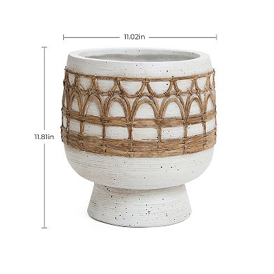 LuxenHome Boho White with Brown Accents 11-Inch Round MgO Planter
