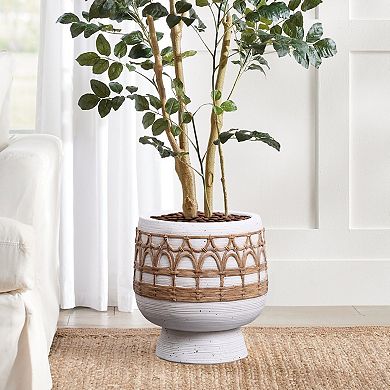 LuxenHome Boho White with Brown Accents 11-Inch Round MgO Planter