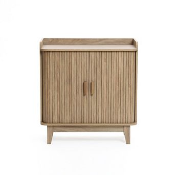 LuxenHome Mid-Century Modern Tambour-Style 2-Door 31.5-Inch Wide Cabinet with Tray Top, Oak